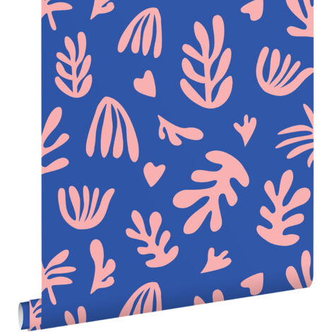 papier peint plantes dans le style Matisse bleu et rose  - ESTAhome