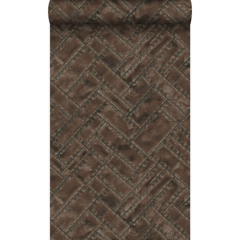 papier peint plaques en métal avec rivets en arête de poisson brun rouille - Origin Wallcoverings