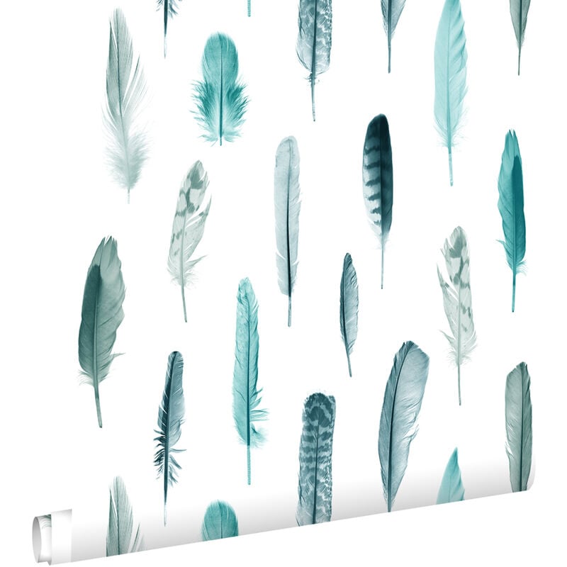 papier peint plumes turquoise et blanc mat - ESTAhome