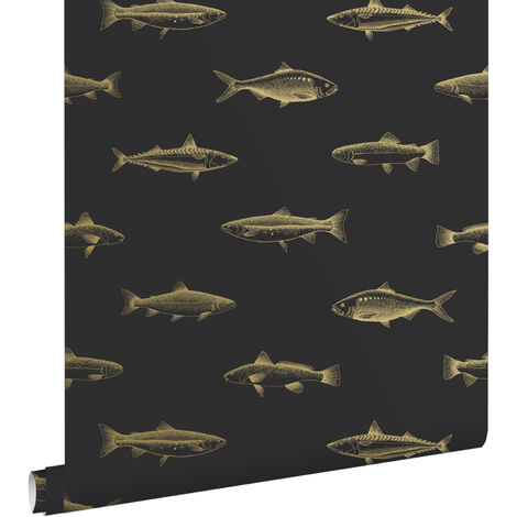 papier peint poissons noir et or  - ESTAhome