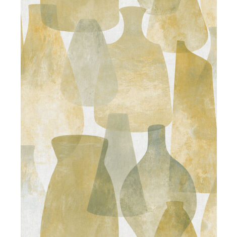 papier peint poterie jaune ocre et vert olive grisé - Sanders & Sanders
