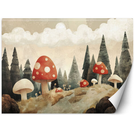 Papier peint pour chambres d'enfants Champignons Forêt Arbres Nature Beige 300x210