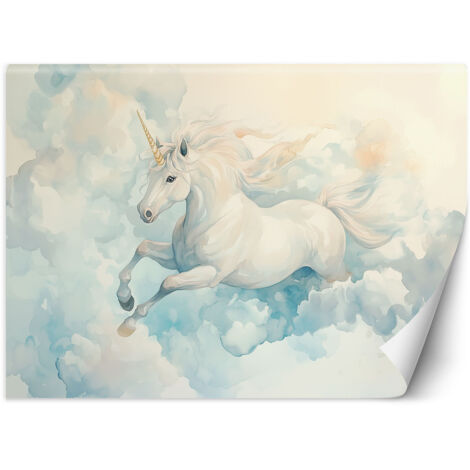 Papier peint pour chambres d'enfants Licorne dans des nuages bleus 100x70