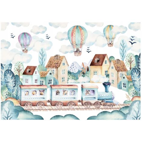 Papier peint pour enfants de style scandinave train, décoration murale avec des motifs pour enfants – 300 x 210 cm Wallarena