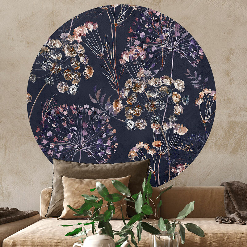 Papier peint intissé pré-encollé fresques géantes - fresque fleurs champêtre vintage aquarelle foncé - 60x60cm