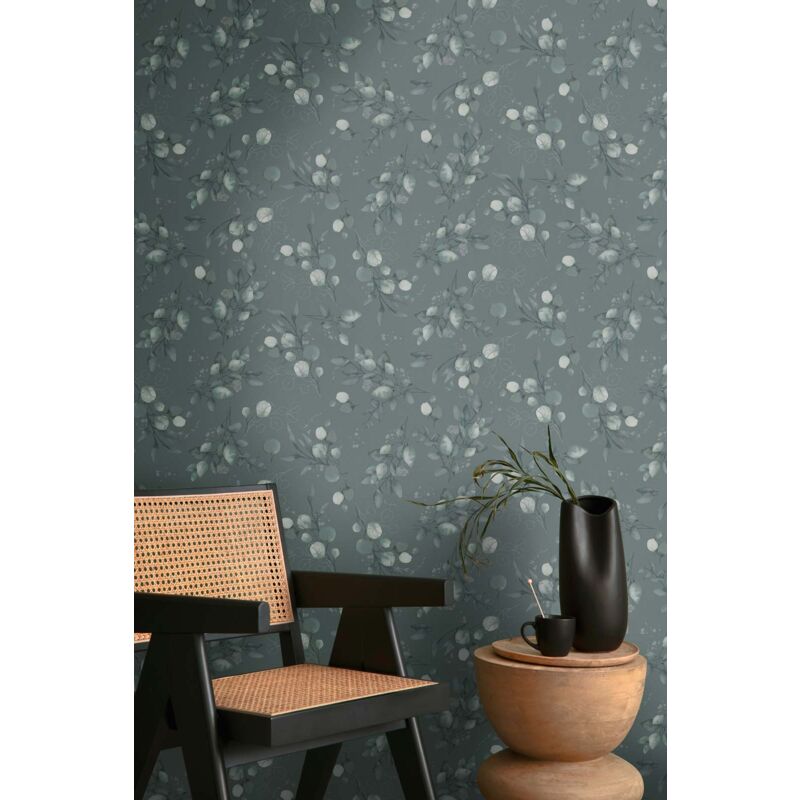 Papier peint fleur verte, fond vert foncé B397683
