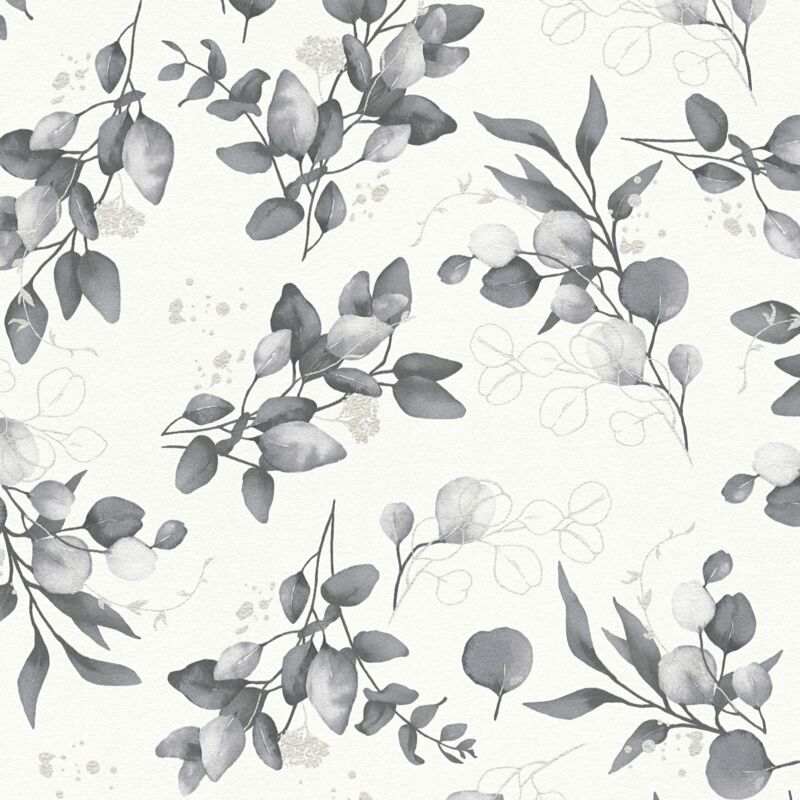 Papier peint fleuri gris, fond blanc B397686