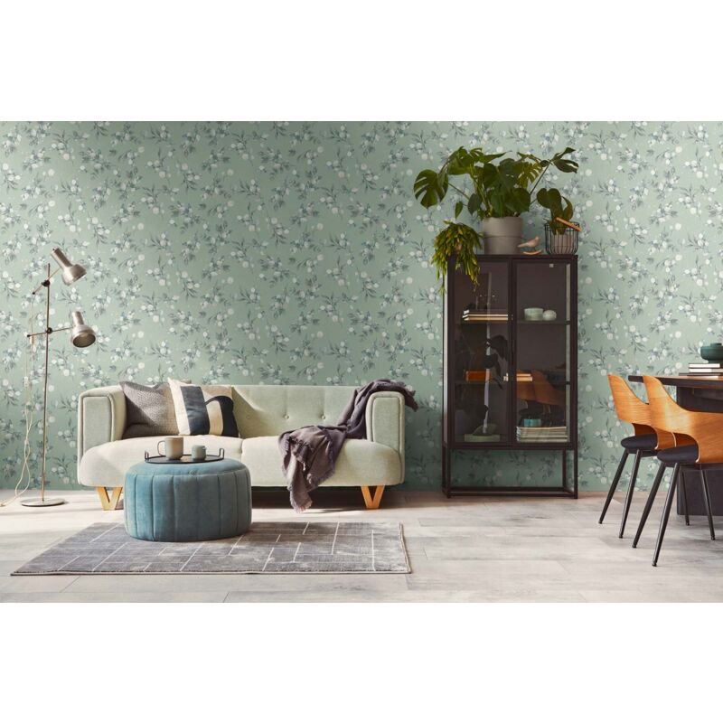 Papier peint fleurie, blanc vert, fond vert B397687