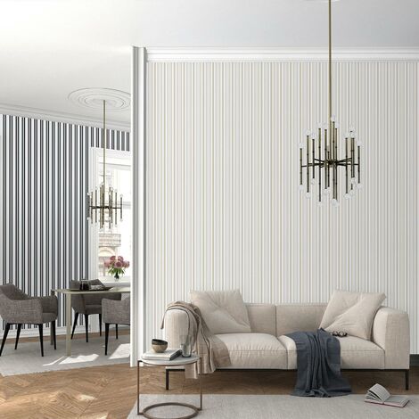 Papier peint rayures beige & gris chambre adulte | Tapisserie rayures beige idéale salon | Papier peint rayé intissé salon