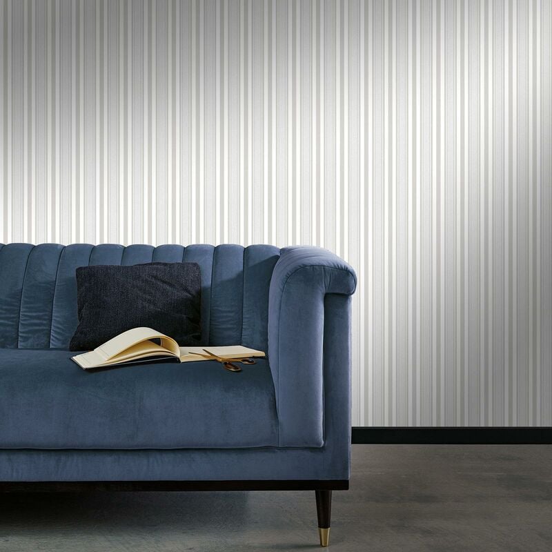 Papier peint rayures gris & blanc idéal salon | Tapisserie grise & blanche à rayures chambre | Papier peint intissé vinyle couloir