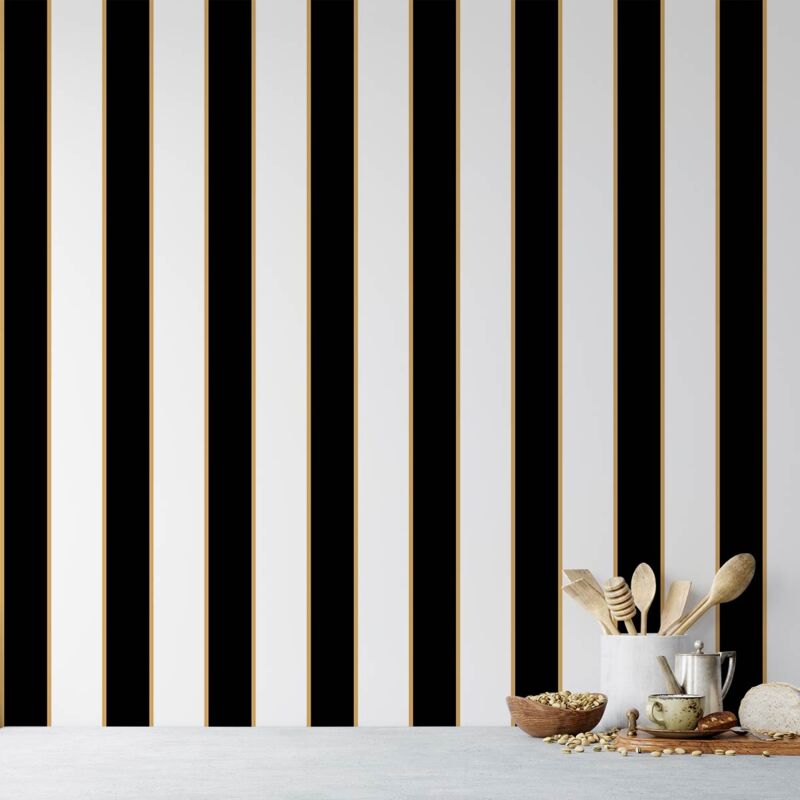 Papier peint rayures noir dorés