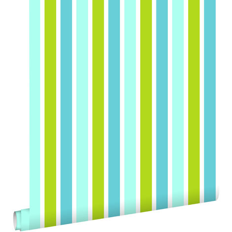 papier peint rayures verticales turquoise, vert citron et blanc  - ESTAhome