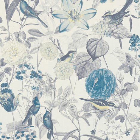 Papier peint rétro fleuri avec oiseaux | Papier peint bleu blanc & gris style anglais | Tapisserie vintage avec motifs d'oiseaux et de fleurs - 10,05 x 0,53 m