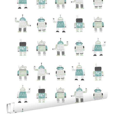 papier peint robots jouets vintage vert menthe et bleu  - ESTAhome
