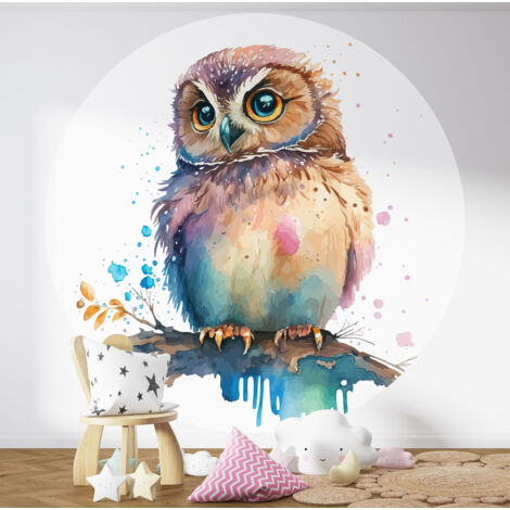 Papier peint rond / cercle Enfants - Hibou - Diamètre 240 cm en 4 Parties