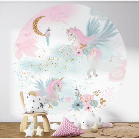 Papier peint rond / cercle Enfants - Licornes Paillettes - Diamètre 50 cm