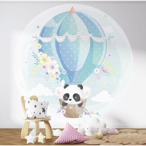 Papier peint rond / cercle Enfants - Panda Montgolfière - Diamètre 30 cm