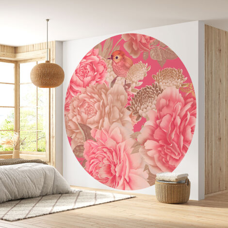 Papier peint rond / cercle - Fleurs Oiseau - Diamètre 30 cm