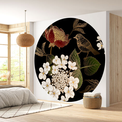 Papier peint rond / cercle - Fleurs Oiseau - Diamètre 80 cm