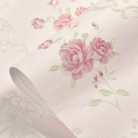 Papier peint rose clair, papier peint floral 3D à coller et à peler pour papier peint vintage texturé de chambre (20,86 po X 236 en rose clair)