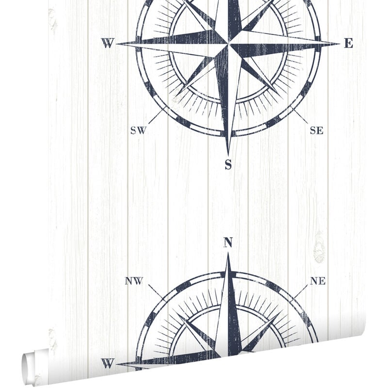 Papier peint rose des vents sur du bois de rebut bleu foncé et blanc Estahome