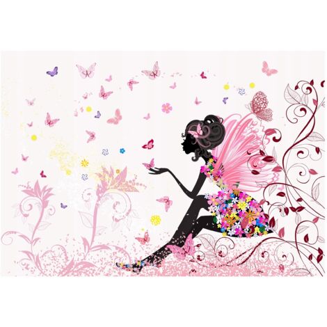 Papier peint rose fée papillons fleurs décoration murale pour enfants – 150 x 105 cm Wallarena