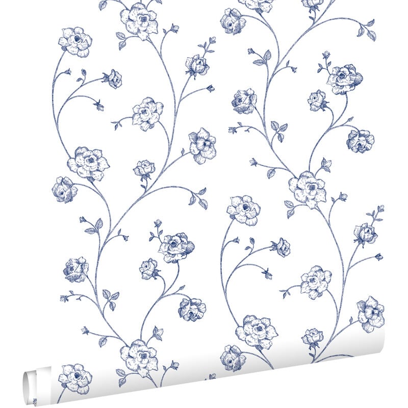 Estahome - papier peint roses en Toile de Jouy blanc et bleu