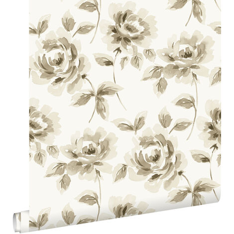 papier peint roses peintes à l'aquarelle beige et marron  - ESTAhome