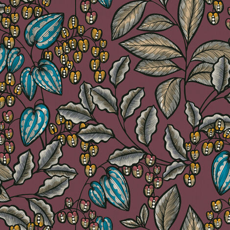 Papier peint salon élégant bordeaux Tapisserie rétro violette avec feuilles colorées Papier peint prune motif feuille & fleur pour cuisine