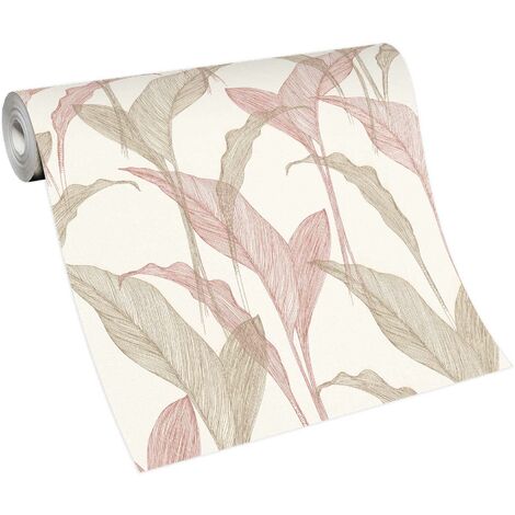 Papier peint salon motif feuille rose & beige crème | Tapisserie motif feuille beige & rose chambre | Papier peint intissé feuille couloir