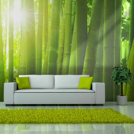 Papier peint soleil et bambou - Vert - Vert