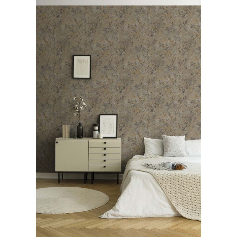 Papier peint intissé nature taupe & or Tapisserie florale effet vieilli Papier peint à motifs d'arbres idéal pour salon & chambre