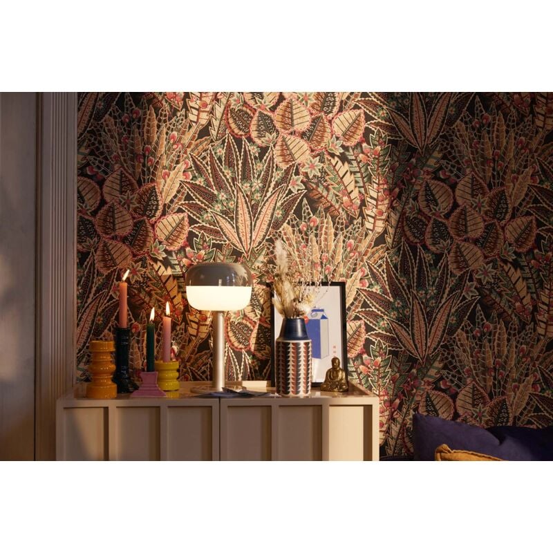 Papier peint nature intissé satin Tapisserie à motifs fleurs & feuillages Papier peint floral coloré beige, noir & rouge idéal chambre