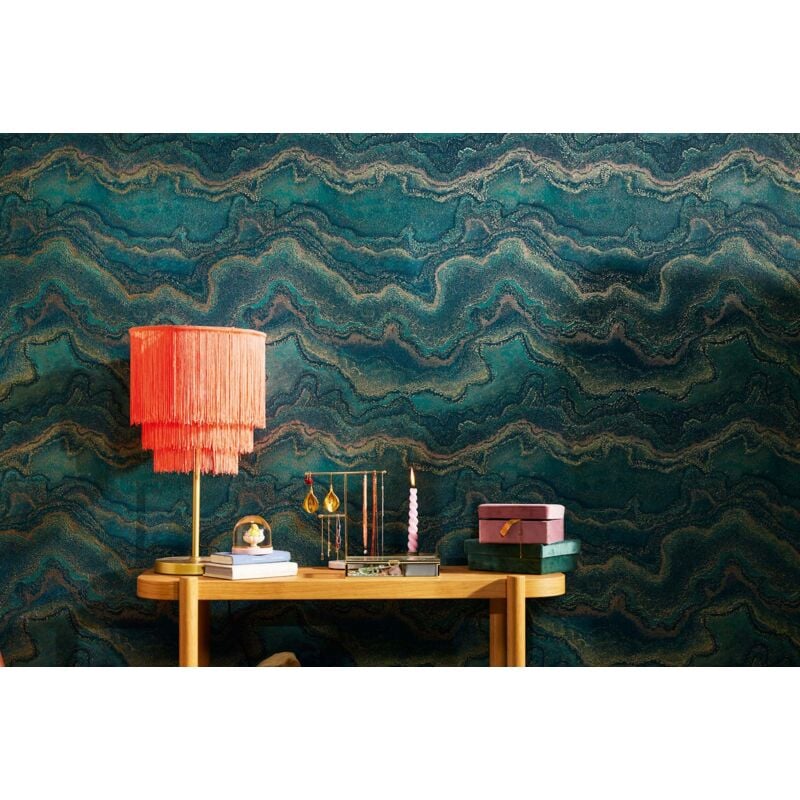 Papier peint vert sombre, cuivre & or Tapisserie à motifs de vagues effet métallique Papier peint aspect marbre idéal chambre & couloir