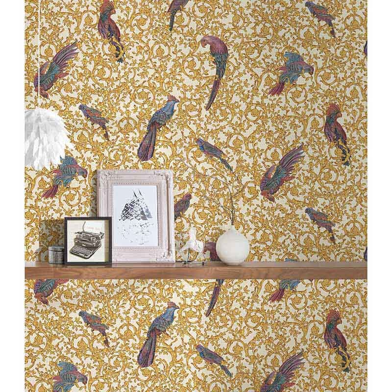 Papier peint style baroque blanc & doré Tapisserie motif oiseaux colorés Papiers peints motif fleur baroque pour chambre adulte
