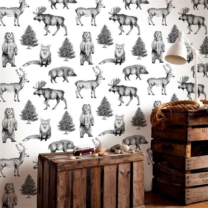 Papier peint intissé Animaux de nos forêts Vinyle 1005 x 52cm Blanc, Noir