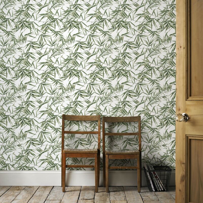 Papier peint intissé Feuilles de Bambou 1005 x 52cm Vert, Blanc