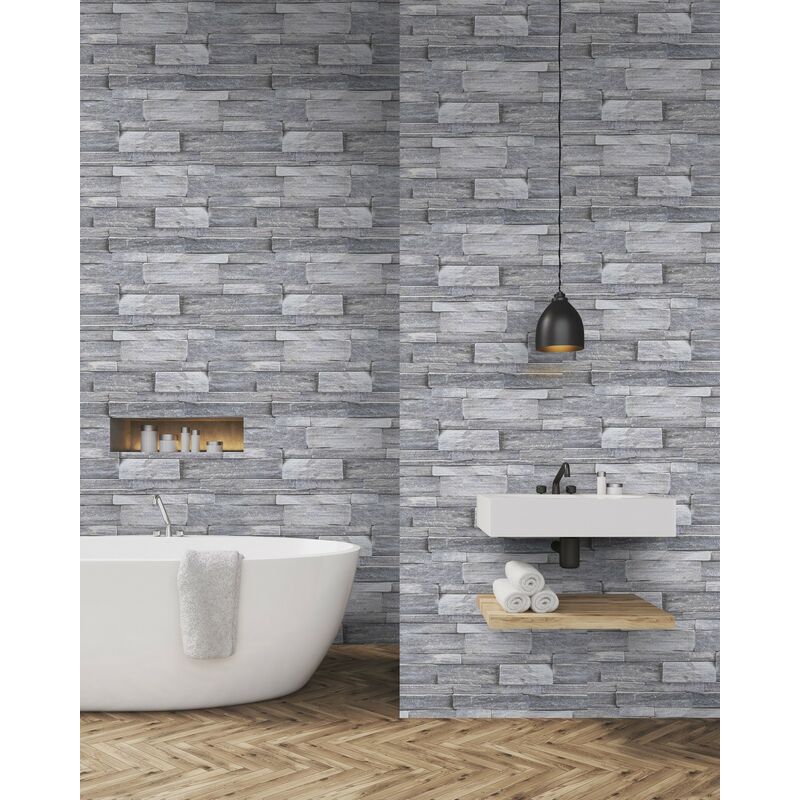 Papier peint intissé Mur d'ardoises Vinyle Grainé 1005 x 52cm Gris