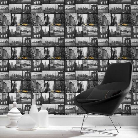 Papier peint support papier New York 1000 x 53cm Noir, Blanc - noir blanc