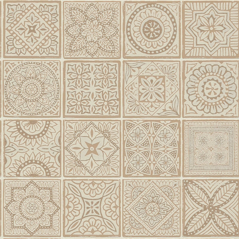 Papier peint à ornement beige et orange Tapisserie aspect carreaux en mosaïque Papier peint style boho idéal pour chambre