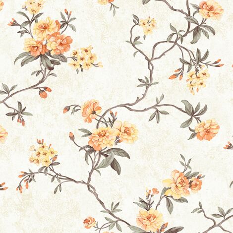 Papier peint texturé 3D floral vintage beige chaud – Dimensions 10m x 0,53m – Pose encollée pour salon et bureau – Ideko