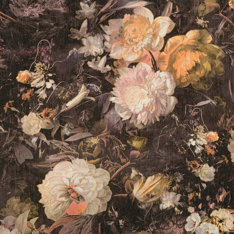 Papier peint floral vintage jaune Papier peint foncé à fleurs Papier peint intissé à effet pailleté