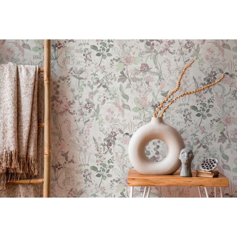 Papier peint fleurs fond beige Tapisserie fleurs Fleuri vintage Papier peint intissé et embossé Idéal pour chambre