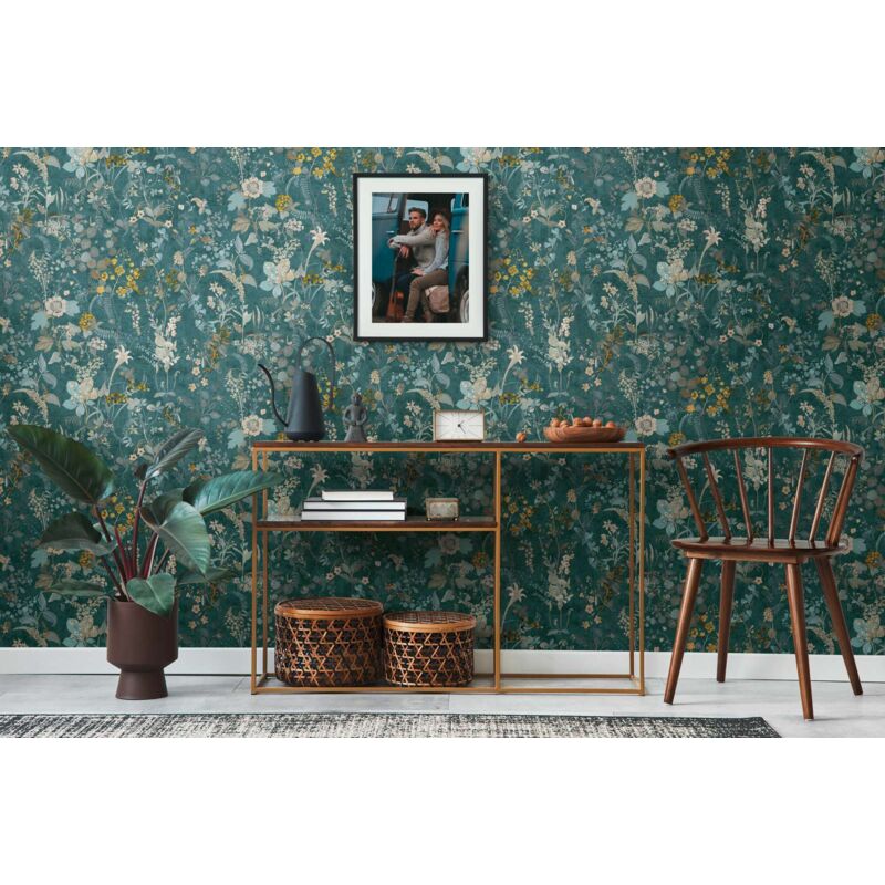 Papier peint fleurs fond sombre Tapisserie fleurs Fleuri vintage Papier peint intissé et embossé Idéal pour chambre