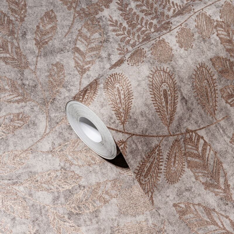 A.s.creations - Papier peint floral sur fond gris Tapisserie feuillage cuivre Papier peint intissé style botanique idéal pour cuisine