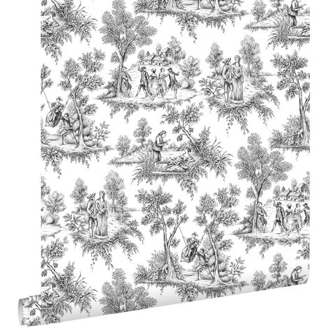 Papier peint toile de jouy noir – Motif romantique pour chambre et salon – Intissé écologique 53cm x 10,05m – Facile à poser – Estahome
