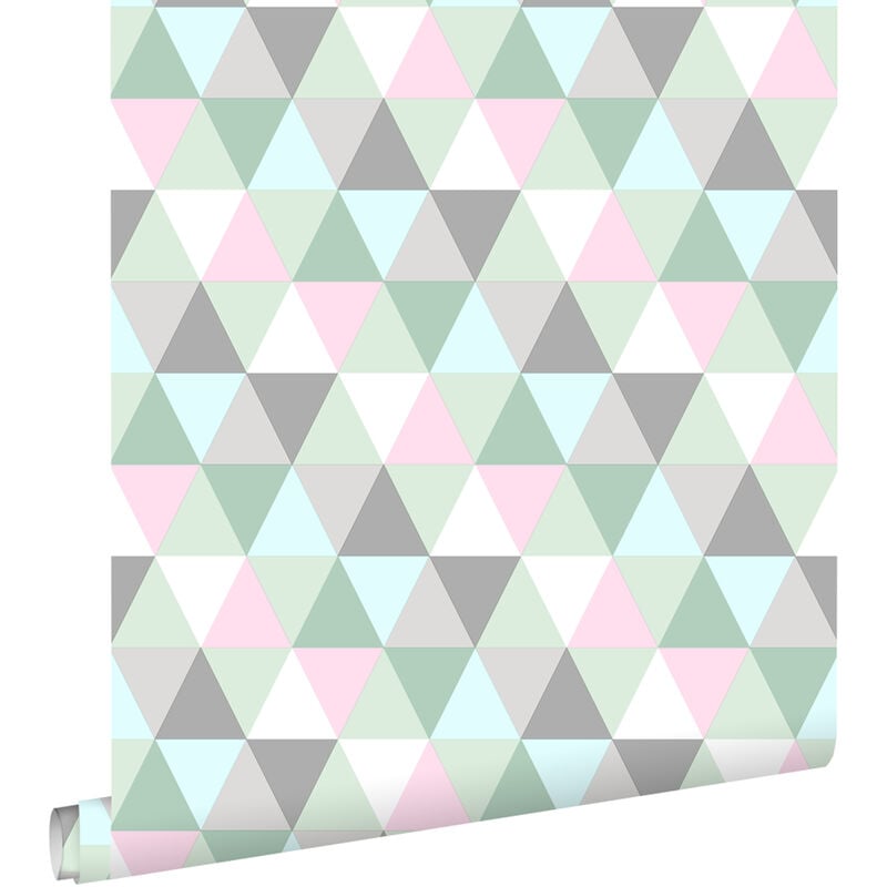 Estahome - papier peint triangles vert menthe, rose et gris