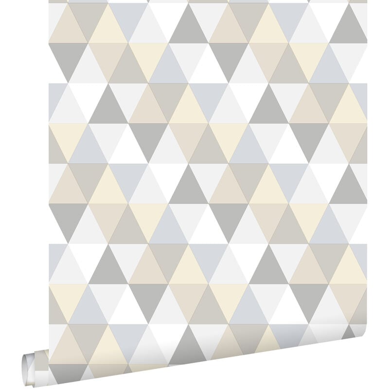 Estahome - papier peint triangles gris clair, beige et blanc
