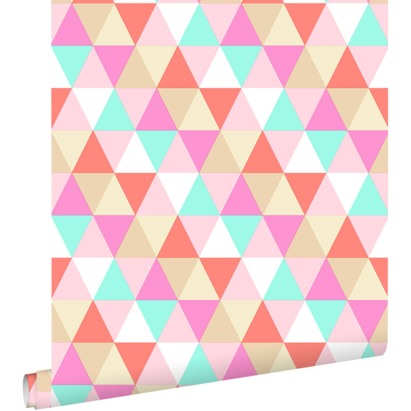 Estahome - papier peint triangles rose, turquoise et corail rouge