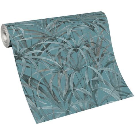Papier peint tropical à motif feuillage pour salle de bain | Tapisserie turquoise tendance | Papier peint jungle brun et bleu